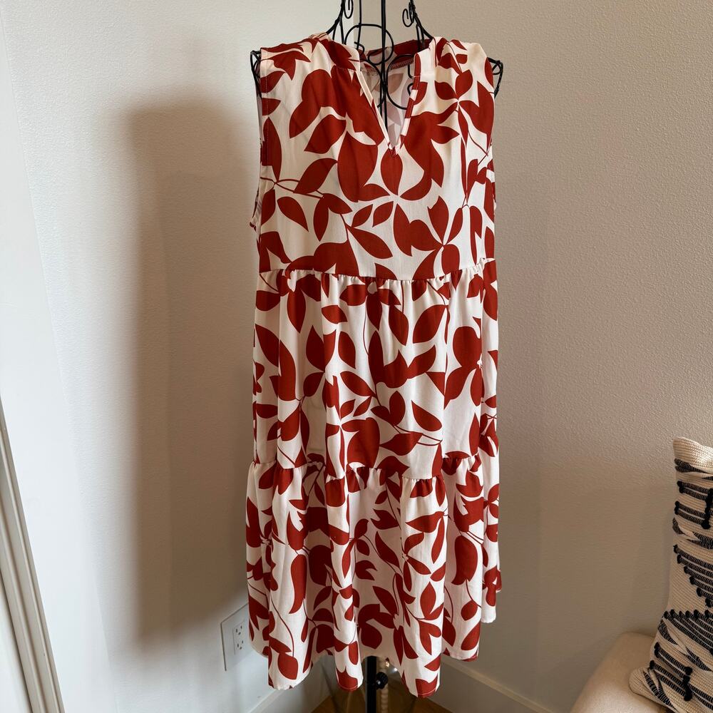 Boutique Rust Floral Sleeveless Tiered V-Neck Knee Length Dress Large